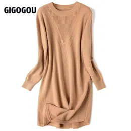 GIGOGOU Solid Knit Women Pullovers And Sweaters Long Sleeve Female Jumper Autumn Winter Thick Warm Knitwear Medium Long Sweaters 201221