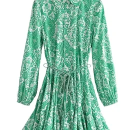 TRAF Zar Green Print Shirt Frau Rüschen Kurz für Damen Gürtel Vintage Mini Langarm Freizeitkleider 220727