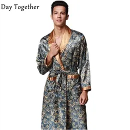 Summer Luxury Satin Pajamas Bathrobe Print Kimono Robes Vneck Faux Silk Male Chinese Silk Robe Nightwear Man 201109