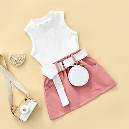 Kids Girl Summer Kjol Outfit Solid Color Sleeveless Tank Tops och Casual Pocket mini kjol och Fanny Pack Set 220509