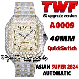 2022 TWF V3 SA0029 mit Pavé-Diamanten ETA A2824 Automatik-Herrenuhr, vollständig vereister Diamanten, arabisches Goldzifferblatt, Schnellschalter-Stahlarmband, Super Edition-Ewigkeitsuhren