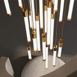 New modern chandelier Lamp for staircase luxury dimmable led strip light living room lobby gold hanging lamp large foyer lighting