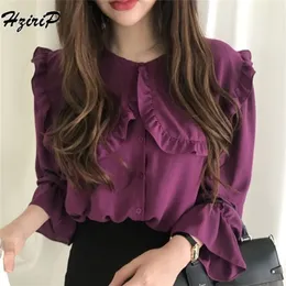 Hzirip Kobiety Blouses Autumn Fashion Casual Peter Pan kołnierz solidne koszulę Długie rękawie kobiety marszki Topy Blusas Mjer 210308