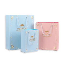 Blue and Pink Baby Shower Gift Paper Packaging Bags Children's Day Gifts Storage Packing Bag with Handles Toy or Clothes Package for Kids Prince and Princess