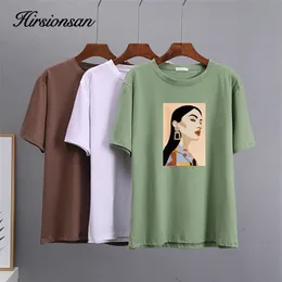 Hirsionsan Chic Cotton Printed T Shirt Summer Loose Casual Tees Overized Aesthetic Graphic Clothes Lose Female Tops 220613