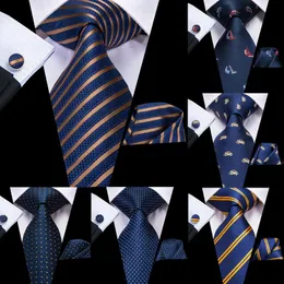 Bow Ties Hi-Tie Designer Mens Slitte Navy Blue Striped Dot Silk Wedding Tie For Men Hanky ​​Cufflinks Set Business Party Drop