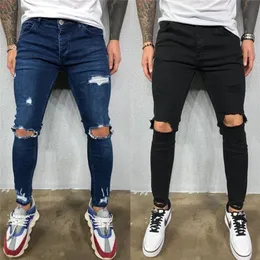 Jeans Pria Celana Denim Skinny Stretch Robek Lubang Lutut Celana Panjang Slim Fit Gaya HipHop Musim Gugur Biru Hitam Solid S4XL 220817