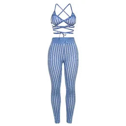 Woman's Two Pieces Pants Summer Fashion Blue Striped Print Bandage Bra Tops and High Waist Pant Sets