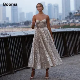 Booma Glitter Sequin Lace Prom Dresses Sweetheart Aline korta promklänningar Öppna är ärmlösa Tealängd Formella festklänningar 220705