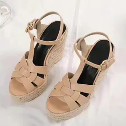 Luxury brands Fashion pop heeled women wedges sandal Tribute leather wedge espadrille sandals black nude brown genuine leather with box