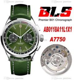 BLS Premier B01 42mm Eta A7750 Automatic Chronograph Mens Watch Steel Case Green Black Dial Stick Markers Leather Strap AB0118A11L1X1 Super Edition Puretime 03A1