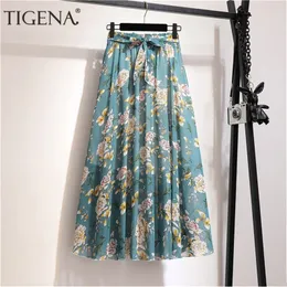 TIGENA Floral Print Chiffon Long Skirt Women Fashion Summer Boho Holiday A Line High Waist Pleated Skirt Female with Belt 210306