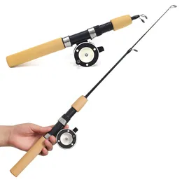 Vinterräka fiskespöar Mini Ice Rod Metal Fishing Reels Elastic Carbon Bait Anti Slip Wood Color Handle Casting