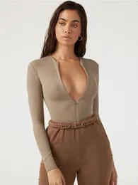 Sibybo Czarne z długim rękawem Bodysuit Kobiety Tops Winter Vneck Zipper Sexy Jesksuit femme streetwear solidny szczupły rompers 220801