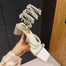 2022 estate nuovi sandali da donna moda lusso club punta quadrata scarpe di cristallo strass serpente tacco alto sandali scarpe da banchetto Y220409