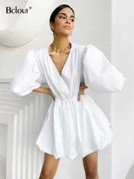 Bclout elegancki biały v dekolcie bodycon sukienka dla kobiet letni puff rękawa krótka różowa linia plisowana impreza es żeńska 220613