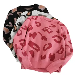 Różowy Kobiety Lopard Knity Sweter Zimowy nadruk zwierząt grube długi rękaw na szynie pullover pullover swobodne topy 220815