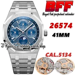 BFF BF26574 Сложная функция Cal.5134 BF5134 Автоматические мужские часы 41 -мм лунный фаза синий текстурированный циферблат маркеры из нержавеющей стали браслет вечности