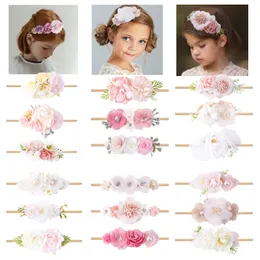 3pc Prinzessin Perle Blume Stirnband Infant Elastische Nylon Haar Bands Mädchen Rosa Künstliche Blume Baby Stirnband Kind Kopfbedeckungen