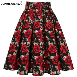 Wysoka talia kwiatowy rockabilly plisowane spódnice damskie lato czerwona róża kwiat boho vintage spódnica midi plus rozmiar 3xl odzież 220317