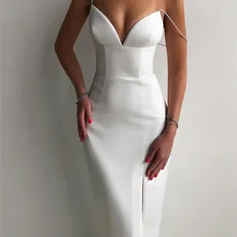 Elegancka sukienka midi kobiety biały spaghetti pasek bodycon sukienka Summer Ladie