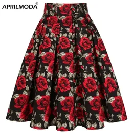 Высокая талия цветочные рокабилли плиссированные юбки летняя красная роза цветок Boho винтажная юбка MIDI плюс размер 3xL одежда 220401