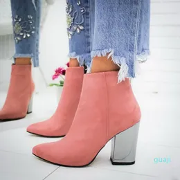Klänningskor Fashion Women Ankle Boots Suede Leather High Heel Platform Ladies Pumps dragkedja
