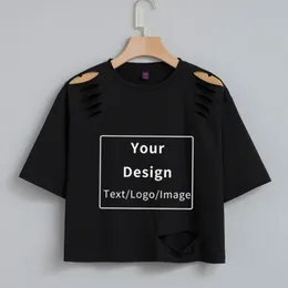 مخصص DIY محصول TOP T Shirt طباعة الرسوم البيانية تي شيرت مخصصة القطن TSHIRT نساء قصير الأكمام ثقب تي شيرت الصيف 220614