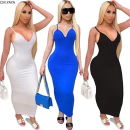 CMYAYA Women Summer Spaghetti Pasek Vneck Sleeveless Bodycon midi Pencil Maxi Dress Sexy Party Club długie sukienki 210401