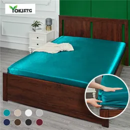 Satin Silk Fitted Sheet Luxury Solid Color Mattress Cover Elastic Band Double Bed Bedspread Queen King Size Teal 220514