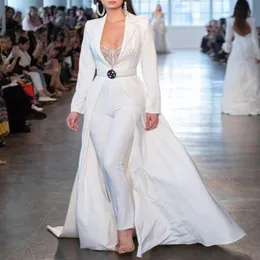 Chic boho kombinezon ślubny 2022 z dorskurt elegancki długie rękaw satynowe bohemijskie sukienki ślubne na plażę koraliki dla kobiet szatę mariage vestidos de novia