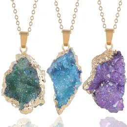 Anhänger Halsketten Reiki Heilung Kristall Druzy Quarz Stein Halskette Schmuck Frauen Unregelmäßige Natürliche Rohe Überzogene Gold EdgePendant