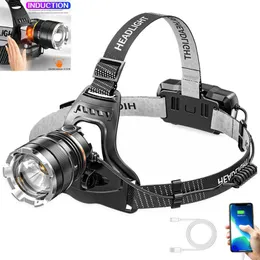 Reflektory Mocne XHP70 Czujnik Zoomble LED Reflektor USB ładowalne reflektor 18650 Lampa na zewnątrz Wodoodporna głowa rybacka Torcha