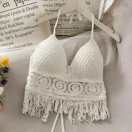 Tide Bra Slipklänning Skörd Toppar Retro Wild Camisole Tankar Hollow Perspektiv Tassel Sexig Spaghetti Strap Tanke Top Kvinnor Byggd i Bra 2022 Ny Back Lace Halter Neck Hals