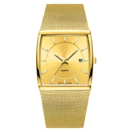 2022 Square Rostfritt stål Mesh Armband Watches Datum Display Men Quartz Watch Luxury Gold Manlig armbandsur Relogio Masculino armbandsur Montre de Luxe Gift
