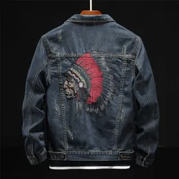 Prowow 패션 스트리트웨어 남자 재킷 레트로 블루 인디언 족장 자수 데님 재킷 남자 크기 m6xl 힙합 펑크 코트 220808