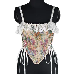 Bustiers Corsets Floral Vest for Women Square Collar Seveless Lace Up Slimming Tank Tops