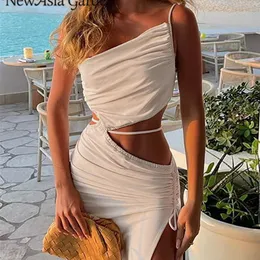 Asia Fashion BodyCon sukienka opadające ramiona pusta rozdzielone nieregularne powiązanie Camisole Maxi Robe Sexy Fashion Party Vestidos 220511