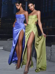 Casual klänningar högkvalitativ sommar sexig av axel rygglös draperad satin bodycon lång klänning 2022 elegant slits kvinnor kvällsfest dr