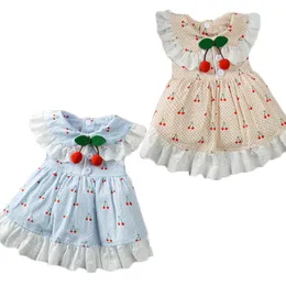 Słodka Koronkowa Kołnierz Sukienka Dla Psy Cherry Decor Niebieski Tutu Spódnica Dla Małe Dog Girl Princess Summer Shirts Pet Apparel Sundress XS-XL