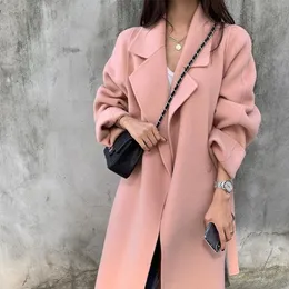 Qingwen 2021 가을 겨울 한국의 단색 더블 사이드 캐시미어 재킷 여성 느슨한 사이드 슬릿 양모 재킷 Manteau Femme Hiver L220725