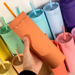 16 oz Akrilik Tumbler Kaplamalı Mat Renkli Su Şişeleri ve Pipetler Çift Duvar Plastik Kahve Bardağı Hediyeler Düz İçme Kupası