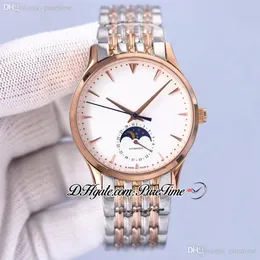 Master Ultra Thin 1368420 Moon Phase Automatic Mens Watch Two Tone Rose Gold White Dial Silver Stick Markers Rostfritt stålarmband Watches 2022 Puretime JL-Y10I9