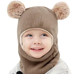 Caps Hüte Winter Kinder Hut Pompon Gestrickte Mützen Baby Junge Mädchen Schal Kinder Nette Flap Cap Mit Warme Fleece Futter hüteCaps