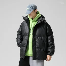 남자들 다운 파카 2022 겨울 남자 따뜻한 재킷 코트 남성 캐주얼 검은 후드 둔 두꺼운 파카 수컷 무광택 pu 가죽 자켓 m-5xl kare22