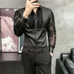 Lace Hollow Shirts for Men Long Sleeve Slim Fit Streetwear Social Party Blouse Nightclub Singer Dj Clothing Camisas Para Hombre 220401