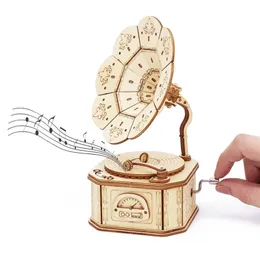 Fonograph Wooden Music Box DIY Mechanizm Montaż Model Building Zestaw Building 3D Puzzle Dekoracja Dekoracja urodzinowa 220725