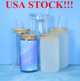 local warehouse!!!sublimation 12oz 16oz glass can glass tumbler with bamboo lid reusable straw beer Can Transparent frosted beer mug Soda Can Cup