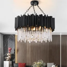 Moderner schwarzer Kronleuchter für Wohnzimmer, rund/rechteckig, Kristall-Hängelampe für den Innenbereich, luxuriöse LED-Glanzkette, Heimdekoration, Lichtbefestigung