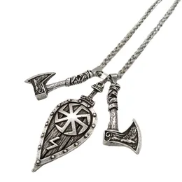 Pendant Necklaces Nostalgia Slavic Kolovrat Amulet Symbol Shield Sword And Odin Raven Axe Viking Pendants Mens Womens Pagan TalismanPendant